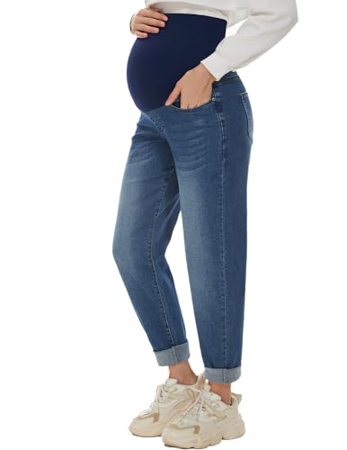 POSHGLAM Damen Umstandsjeans über Bauch Bequeme Stretch Boyfriend Jeans Denim Schwangerschaftshose S-XXL, A02 Dunkelblau, XX-Large von POSHGLAM