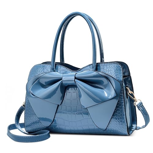 POSSOBAG Elegant Kleine Handtasche Damen Mode Henkeltasche mit Süße Bogen Tote Bag Umhängetasche für Shopper Casual Business Reise Täglich Urlaub Helle PU Leder Damen Schultertasche Blau von POSSOBAG