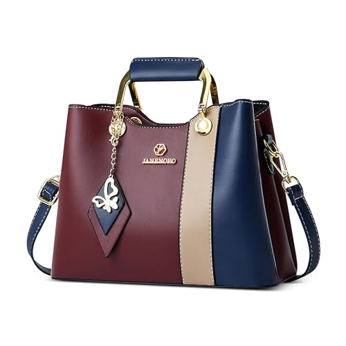 POSSOBAG Elegante Damen Handtaschen Schultertasche Mode PU Leder Henkeltasche mit Klassisch Hängenden Ornamenten Umhängetasche für Damen Casual Business Reise Shopper Täglich Urlaub Rot mit Blau von POSSOBAG