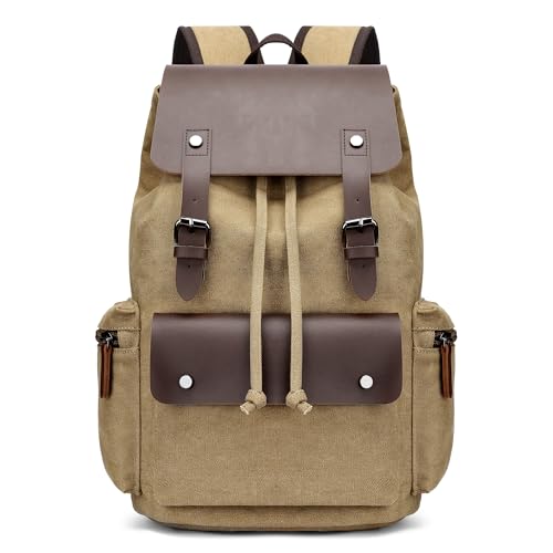 POSSOBAG Vintage Canvas Rucksack Herren Groß Lässig Daypacks für 17.3 Zoll Laptop Schultasche College Reiserucksack Casual Business Camping Leinwand Männer Tagesrucksack Khaki von POSSOBAG