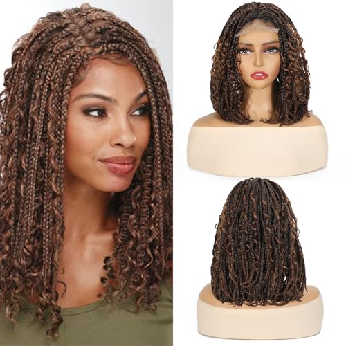 POSYTRESS Bob Perücke mit Tressen für schwarze Frauen, Spitzenperücke mit Göttinnenkasten-Zöpfen, 35,6 cm (14 Zoll), geflochtenes Kunsthaar, Braun N von POSYTRESS