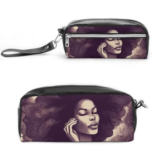 POTSCBVW Afrikanisches Haar schwarz Frauen Federmäppchen Große Kapazität mit zwei Fächern Reißverschluss Leder Bleistifttasche Tragbare Reise Kosmetiktasche für Damen Herren von POTSCBVW