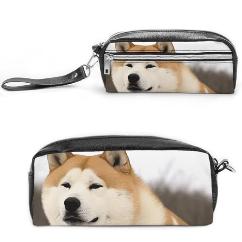 POTSCBVW Akita Federmäppchen Große Kapazität mit Zwei Fächern, Reißverschluss Leder Bleistiftbeutel, Tragbare Reise Kosmetiktasche für Damen Herren von POTSCBVW