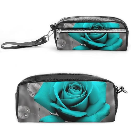 POTSCBVW Blaugrün-graue Rose Federmäppchen, große Kapazität mit zwei Fächern, Reißverschluss, Leder, Federmäppchen, tragbare Reise-Kosmetiktasche für Damen und Herren von POTSCBVW