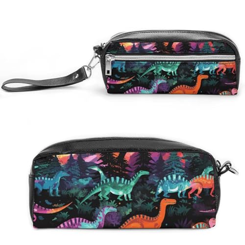 POTSCBVW Bunte Dinosaurier-Federmäppchen, großes Fassungsvermögen mit zwei Fächern, Reißverschluss, Leder-Bleistifttasche, tragbare Reise-Kosmetiktasche für Damen und Herren von POTSCBVW
