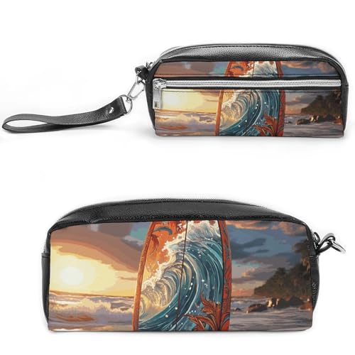 POTSCBVW Buntes Surfbrett-Federmäppchen, großes Fassungsvermögen mit zwei Fächern, Reißverschluss, Leder-Bleistifttasche, tragbare Reise-Kosmetiktasche für Damen und Herren von POTSCBVW