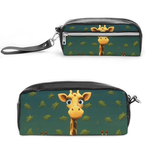 POTSCBVW Cartoon Giraffe Federmäppchen Große Kapazität mit zwei Fächern, Reißverschluss Leder Bleistiftbeutel, Tragbare Reise Kosmetiktasche für Damen Herren von POTSCBVW