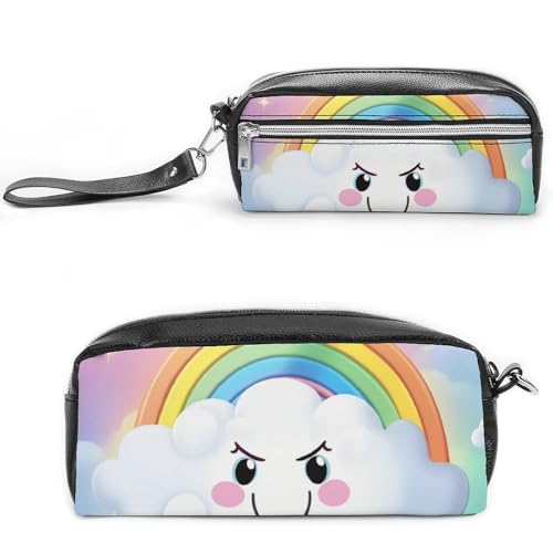 POTSCBVW Cartoon Smiling Cloud Rainbow Pencil Case Large Capacity with Two Compartments, Zipper Leather Pencil Pouch, Portable Travel Cosmetic Bag for Women Men von POTSCBVW