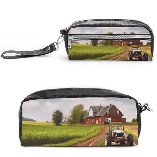 POTSCBVW Country Road Federmäppchen mit Bauernhof und Traktor, große Kapazität mit zwei Fächern, Reißverschluss, Leder, Federmäppchen, tragbare Reise-Kosmetiktasche für Damen und Herren POTSCBVW Country Road Federmäppchen mit Bauernhof und Traktor, große Kapazität mit zwei Fächern, Reißverschluss, Leder, Federmäppchen, tragbare Reise-Kosmetiktasche für Damen und Herren von POTSCBVW