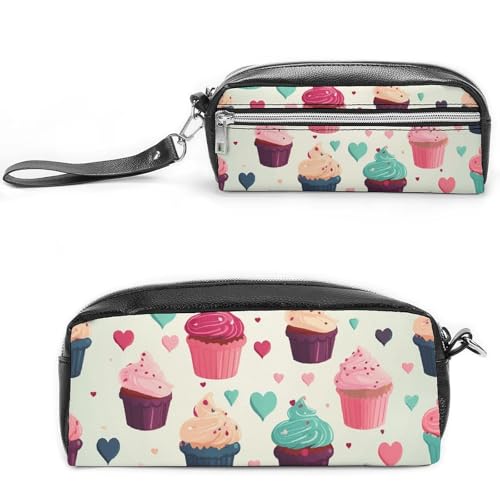 POTSCBVW Cupcake Candy Hearts Sweet Pencil Case Large Capacity with Two Compartments, Zipper Leather Pencil Pouch, Portable Travel Cosmetic Bag for Women Men von POTSCBVW