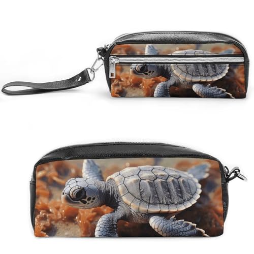 POTSCBVW Cut Sea Turtle Federmäppchen Große Kapazität mit zwei Fächern, Reißverschluss Leder Bleistiftbeutel, Tragbare Reise Kosmetiktasche für Damen Herren von POTSCBVW