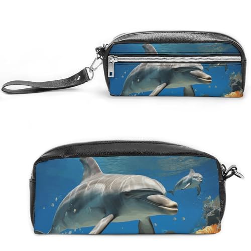POTSCBVW Delfine Blue Pencil Case Large Capacity with Two Compartments, Zipper Leather Pencil Pouch, Portable Travel Cosmetic Bag for Women Men von POTSCBVW
