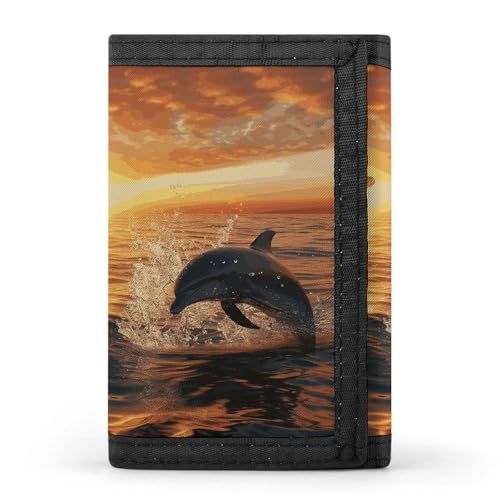 POTSCBVW Delfine Jumping Out Of The Water At Sunset Wallet Compact Trifold Wallet with Keychain Lightweight & Durable Purse for Outdoor, Style, One Size, Classic von POTSCBVW