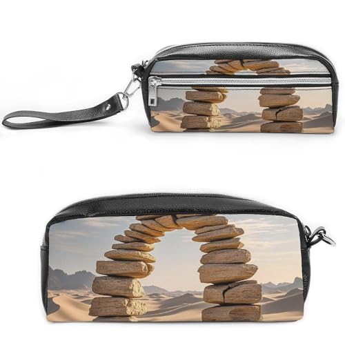 POTSCBVW Desert Rocks Federmäppchen Große Kapazität mit zwei Fächern, Reißverschluss Leder Bleistiftbeutel, Tragbare Reise-Kosmetiktasche für Damen und Herren von POTSCBVW