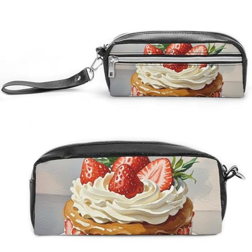 POTSCBVW Federmäppchen Erdbeercreme Kuchen Große Kapazität mit zwei Fächern Reißverschluss Leder Bleistifttasche Tragbare Reise Kosmetiktasche für Damen Herren von POTSCBVW