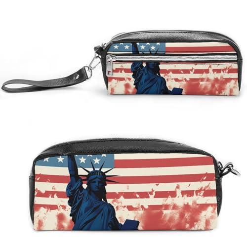 POTSCBVW Federmäppchen mit Flagge und Silhouette von Lady Liberty, große Kapazität mit zwei Fächern, Reißverschluss, Leder, Federmäppchen, tragbare Reise-Kosmetiktasche für Damen und Herren von POTSCBVW