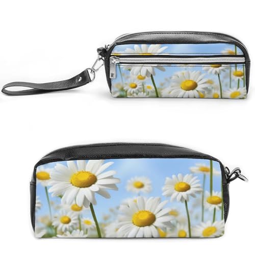 POTSCBVW Federmäppchen mit Gänseblümchen-Motiv, große Kapazität mit zwei Fächern, Reißverschluss, Leder-Bleistifttasche, tragbare Reise-Kosmetiktasche für Damen und Herren POTSCBVW Federmäppchen mit Gänseblümchen-Motiv, große Kapazität mit zwei Fächern, Reißverschluss, Leder-Bleistifttasche, tragbare Reise-Kosmetiktasche für Damen und Herren von POTSCBVW