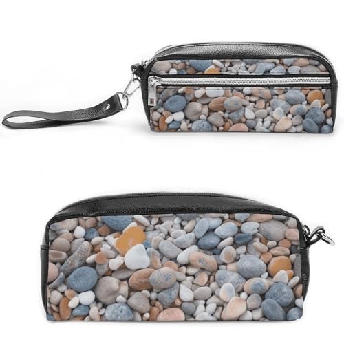 POTSCBVW Federmäppchen mit Kieselsteinen, großes Fassungsvermögen, mit zwei Fächern, Reißverschluss, Leder-Bleistifttasche, tragbare Reise-Kosmetiktasche für Damen und Herren von POTSCBVW