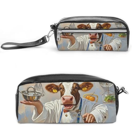 POTSCBVW Federmäppchen mit Kuh in der Küche, großes Fassungsvermögen mit zwei Fächern, Reißverschluss, Leder-Bleistifttasche, tragbare Reise-Kosmetiktasche für Damen und Herren von POTSCBVW