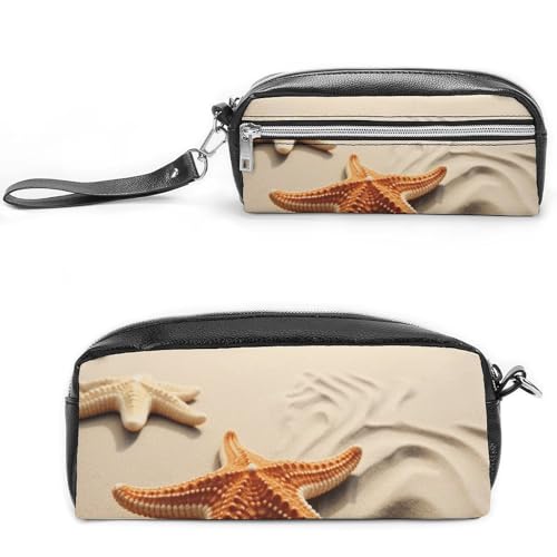 POTSCBVW Federmäppchen mit Seestern am Sandstrand, große Kapazität mit zwei Fächern, Reißverschluss, Leder-Bleistifttasche, tragbare Reise-Kosmetiktasche für Damen und Herren von POTSCBVW