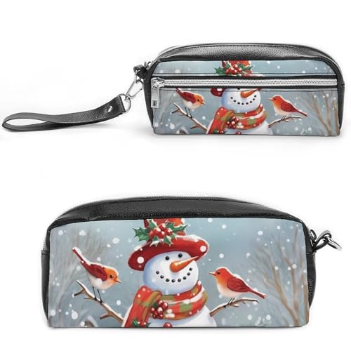 POTSCBVW Federmäppchen mit Weihnachtsmotiv, Schneemann und Vögel, großes Fassungsvermögen, mit zwei Fächern, Reißverschluss, Leder-Bleistifttasche, tragbare Reise-Kosmetiktasche für Damen und Herren POTSCBVW Federmäppchen mit Weihnachtsmotiv, Schneemann und Vögel, großes Fassungsvermögen, mit zwei Fächern, Reißverschluss, Leder-Bleistifttasche, tragbare Reise-Kosmetiktasche für Damen und Herren von POTSCBVW