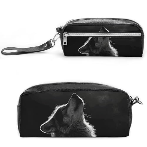 POTSCBVW Federmäppchen mit Wolfsgesicht zum Mond, große Kapazität mit zwei Fächern, Reißverschluss, Leder-Bleistifttasche, tragbare Reise-Kosmetiktasche für Damen und Herren von POTSCBVW