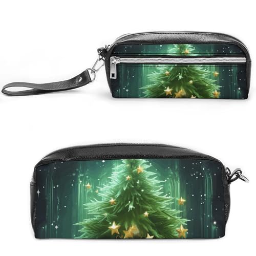 POTSCBVW Grüner Weihnachtsbaum Federmäppchen Große Kapazität mit Zwei Fächern, Reißverschluss Leder Bleistiftbeutel, Tragbare Reise Kosmetiktasche für Damen Herren von POTSCBVW