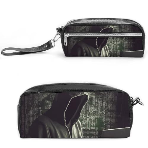 POTSCBVW Hacker Federmäppchen Große Kapazität mit Zwei Fächern, Reißverschluss Leder Bleistiftbeutel, Tragbare Reise Kosmetiktasche für Damen Herren von POTSCBVW