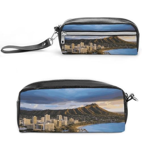 POTSCBVW Hawaii Skyline Diamantkopf Vulkan Federmäppchen Große Kapazität mit zwei Fächern, Reißverschluss Leder Bleistiftbeutel, Tragbare Reise-Kosmetiktasche für Damen und Herren von POTSCBVW