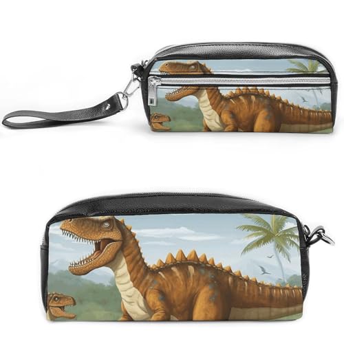POTSCBVW Jurassic Period Dinosaurier Federmäppchen Große Kapazität mit Zwei Fächern, Reißverschluss Leder Bleistiftbeutel, Tragbare Reise Kosmetiktasche für Damen Herren von POTSCBVW