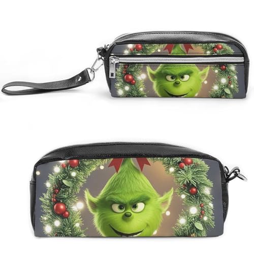 POTSCBVW Klassisches Weihnachtsgenie-Federmäppchen, großes Fassungsvermögen, mit zwei Fächern, Reißverschluss, Leder-Bleistifttasche, tragbare Reise-Kosmetiktasche für Damen und Herren von POTSCBVW