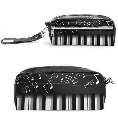 POTSCBVW Klaviertasten mit Musiknoten Federmäppchen Große Kapazität mit zwei Fächern, Reißverschluss Leder Bleistifttasche, Tragbare Reise-Kosmetiktasche für Damen und Herren von POTSCBVW