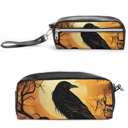 POTSCBVW Krähe Federmäppchen Große Kapazität mit zwei Fächern, Reißverschluss Leder Bleistiftbeutel, Tragbare Reise Kosmetiktasche für Damen Herren von POTSCBVW