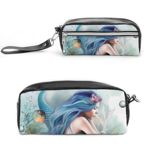POTSCBVW Meerjungfrau Federmäppchen Große Kapazität mit Zwei Fächern, Reißverschluss Leder Bleistiftbeutel, Tragbare Reise Kosmetiktasche für Damen Herren von POTSCBVW