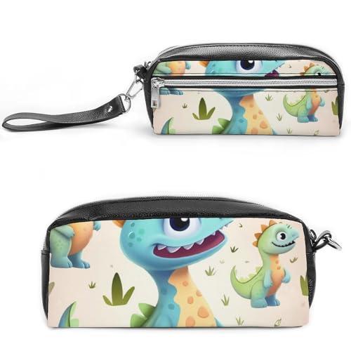 POTSCBVW Niedliches Dinosaurier-Federmäppchen, große Kapazität mit zwei Fächern, Reißverschluss, Leder-Bleistifttasche, tragbare Reise-Kosmetiktasche für Damen und Herren von POTSCBVW