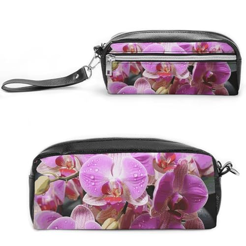 POTSCBVW Orchideen Federmäppchen Große Kapazität mit zwei Fächern, Reißverschluss Leder Bleistiftbeutel, Tragbare Reise Kosmetiktasche für Damen Herren von POTSCBVW