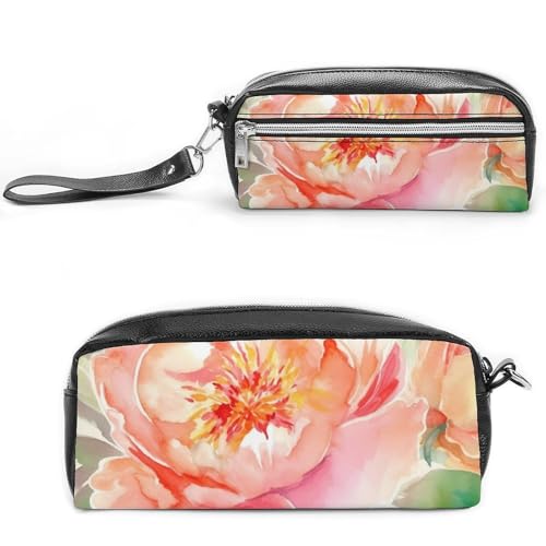 POTSCBVW Peach Peony Pencil Case Large Capacity with Two Compartments, Zipper Leather Pencil Pouch, Portable Travel Cosmetic Bag for Women Men von POTSCBVW