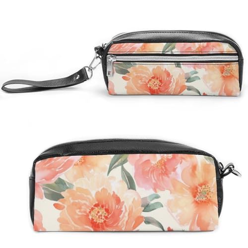 POTSCBVW Peach Peony Pencil Case Large Capacity with Two Compartments, Zipper Leather Pencil Pouch, Portable Travel Cosmetic Bag for Women Men von POTSCBVW