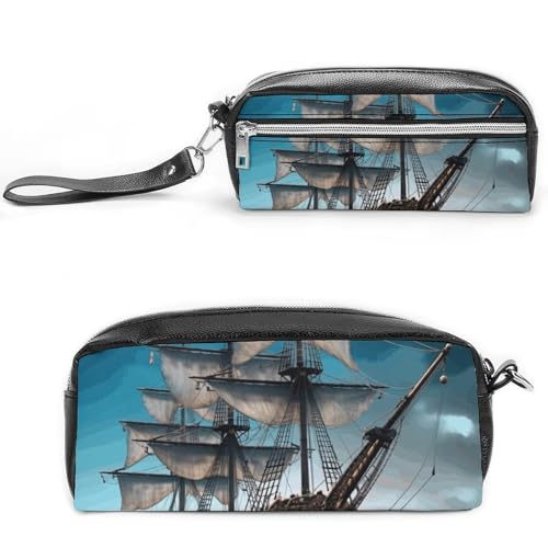 POTSCBVW Piratenschiff Federmäppchen Große Kapazität mit zwei Fächern, Reißverschluss Leder Bleistiftbeutel, Tragbare Reise Kosmetiktasche für Damen Herren von POTSCBVW