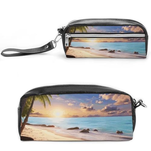 POTSCBVW Romantisches Strand-Federmäppchen, große Kapazität mit zwei Fächern, Reißverschluss, Leder-Bleistifttasche, tragbare Reise-Kosmetiktasche für Damen und Herren von POTSCBVW