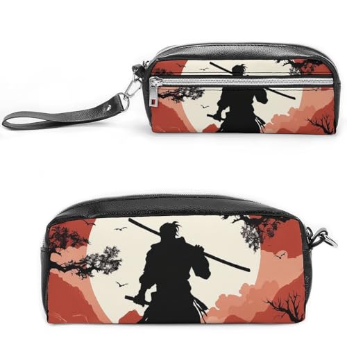 POTSCBVW Samurai Federmäppchen Große Kapazität mit Zwei Fächern, Reißverschluss Leder Bleistiftbeutel, Tragbare Reise Kosmetiktasche für Damen Herren von POTSCBVW