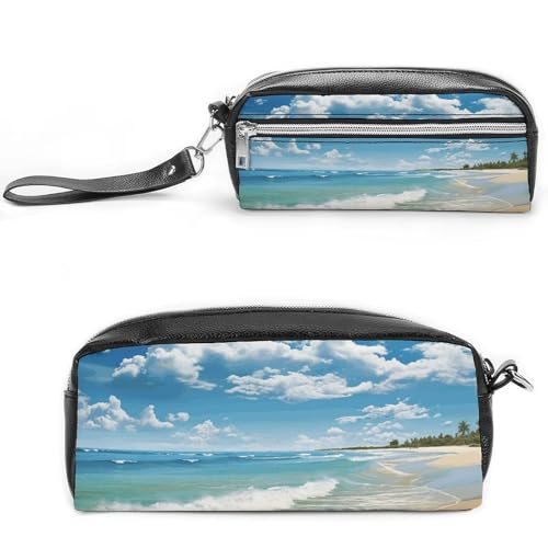 POTSCBVW Sandy Beach Federmäppchen Große Kapazität mit zwei Fächern, Reißverschluss Leder Bleistiftbeutel, Tragbare Reise-Kosmetiktasche für Damen und Herren von POTSCBVW