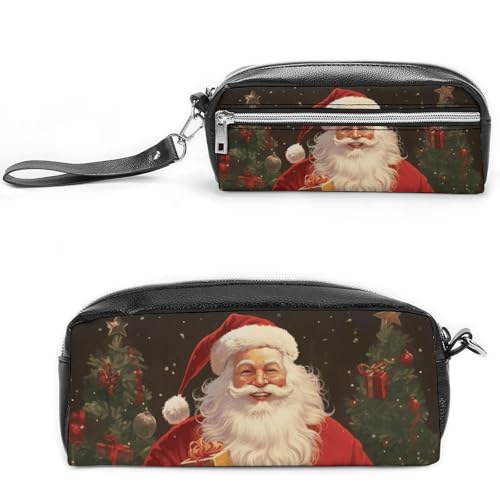POTSCBVW Santa Claus Federmäppchen Große Kapazität mit zwei Fächern, Reißverschluss Leder Bleistiftbeutel, Tragbare Reise Kosmetiktasche für Damen Herren von POTSCBVW