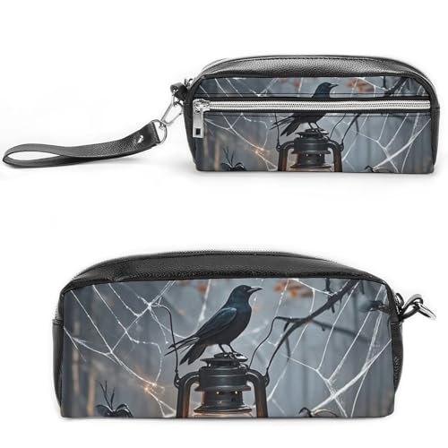 POTSCBVW Schwarze Krähe Spinne Federmäppchen Große Kapazität mit Zwei Fächern, Reißverschluss Leder Bleistiftbeutel, Tragbare Reise Kosmetiktasche für Damen Herren von POTSCBVW