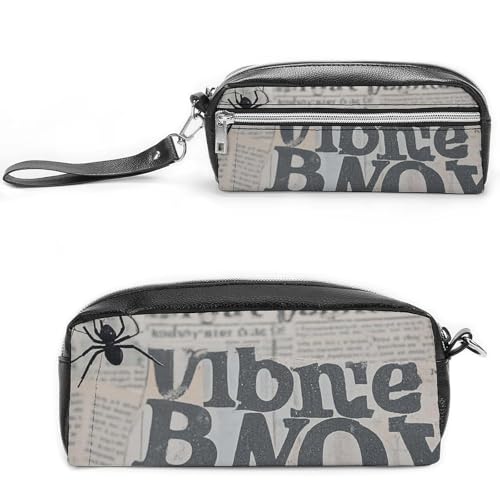 POTSCBVW Schwarzes Spinnennetz-Federmäppchen, große Kapazität mit zwei Fächern, Reißverschluss, Leder, Federmäppchen, tragbare Reise-Kosmetiktasche für Damen und Herren von POTSCBVW