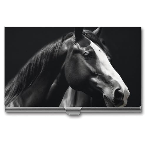 POTSCBVW Visitenkartenetui mit Pferdemotiv, superleicht, tragbar, Aluminiumlegierung, schmal, professionelles Visitenkartenetui für Büroangestellte, Männer und Frauen, Schwarz / Weiß von POTSCBVW