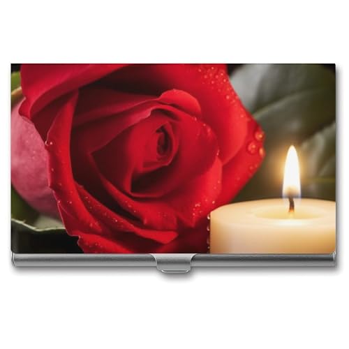 POTSCBVW Visitenkartenetui mit roter Rose und Candlev, superleicht, tragbar, Aluminiumlegierung, Kreditkarten-Organizer, schmal, professionelles Visitenkartenetui für Büroangestellte, Männer und von POTSCBVW