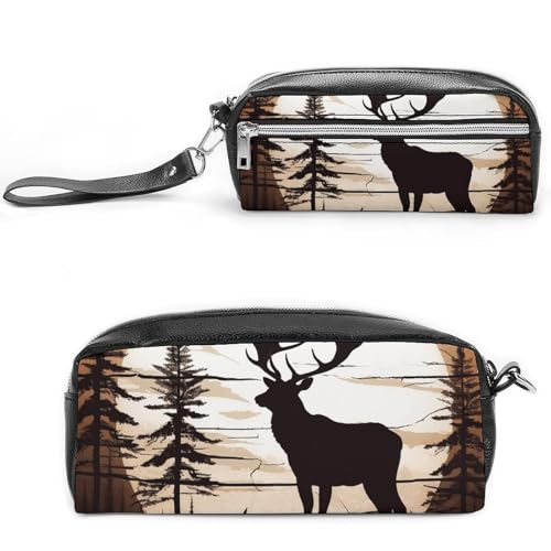 POTSCBVW Wilde Elch-Silhouette, Federmäppchen, große Kapazität mit zwei Fächern, Reißverschluss, Leder, Federmäppchen, tragbare Reise-Kosmetiktasche für Damen und Herren von POTSCBVW