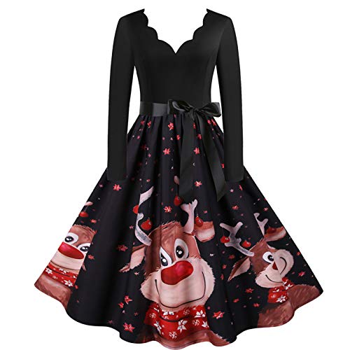 Damen Weihnachten Kleider Langarm Weihnachtskleid Vintage Hepburn Cocktailkleid Weihnachten Druck Partykleid A-Linie Swing Kleid Dress (M, Schwarze) von POTTOA