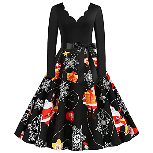 Damen Weihnachten Kleider Langarm Weihnachtskleid Vintage Hepburn Cocktailkleid Weihnachten Druck Partykleid A-Linie Swing Kleid Dress (XL, SchwarzF) von POTTOA